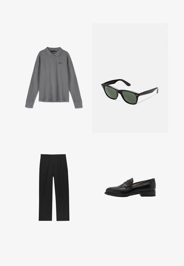Langærmet polo shirt i stribet gråt stof. Har en krave, tre-knaps placket og subtil sort branding på brystet.; Sorte bukser med lige ben, lavet af et glat stof. Har frontfolder og en enkelt knaplukning i taljen.; Sorte læder loafers med en syet front og flad hæl. Glat tekstur med en afrundet tå og en dekorativ rem hen over vristen.; Sorte plastiksolkaber med grønne linser, firkantede stel, sølvaccent på brynene og teksturerede templede arme. Angivet mærke på den indre arm.