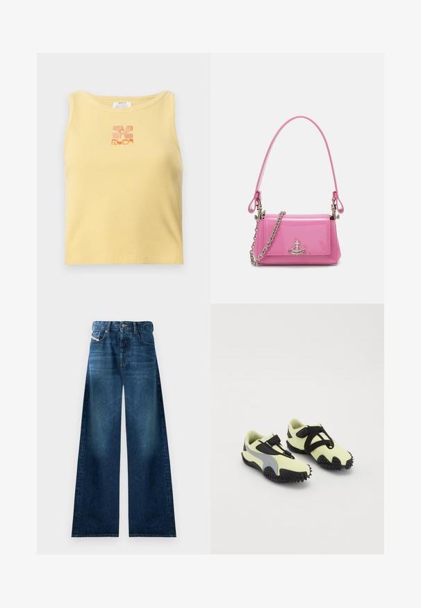 Žltý rebrovaný tielko s malým vyšitým kvetinovým logom v oranžovej farbe uprostred. Jednoduchý, bezrukávový dizajn s okrúhlym výstrihom.; Džínsy s širokými nohavicami v tmavom umývaní. Obsahujú tradičný dizajn s piatimi vreckami, zapínanie na gombík a mierne vyblednutie na stehnách.; Obuv s svetložltým zvrškom a čiernymi akcentmi, s bezpečným popruhom a textúrovanou čiernou gumovou podrážkou. Navrhnuté pre trakciu a podporu.; Ružový lesklý kožený kabelka s obdĺžnikovým tvarom, odnímateľným reťazovým popruhom a striebornými kovovými detailmi na prednej strane.