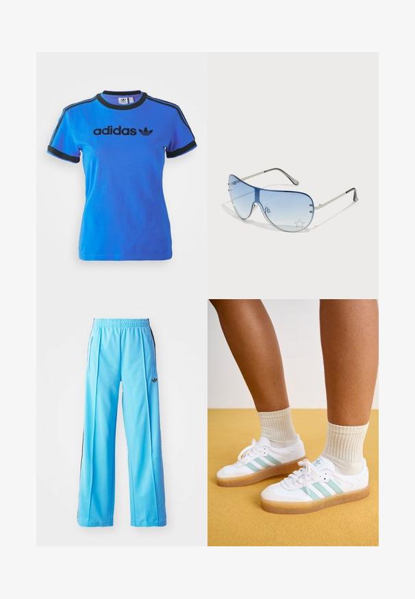 Mėlynas Adidas marškinėliai su juodais akcentais, apvaliu iškirpimu, trumpomis rankovėmis ir logo, atspausdintu per krūtinę.; Šviesiai mėlynos sportinės kelnės su elastinga juosmeniu, šoninėmis užtrauktukais ir juodomis šoninėmis detalėmis. Minkšta medžiaga, laisvas, platus kojų dizainas.; Baltos sportbačiai su mėtos žalumos juostomis, guminiais padais ir raišteliais, derinami su tekstūruotomis kreminėmis kojinėmis. Fonas - geltonas.; Aviatoriai akiniai su gradientiniais mėlynais objektyvais, sidabriniu metaliniu rėmu ir dekoratyvinėmis žvaigždžių akcentais ant objektyvų. Lygaus ir stilingo dizaino.