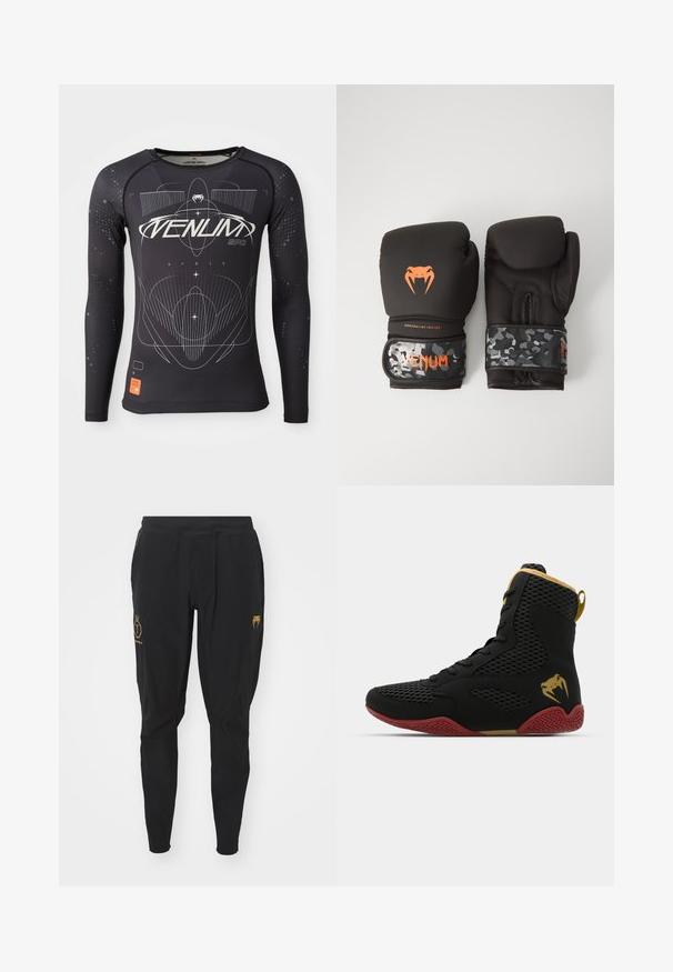 Čierna športová košeľa s dlhým rukávom, textúrovaná tkanina, priliehavý strih, s bielymi grafickými vzormi a oranžovou logom označením na leme.; Venum UNMATCHED TOPURIA EDITION - Tepláky - black/antique gold; Vysoké športové topánky s čiernou sieťovinou a syntetickým materiálom, textúrované akcenty, červená gumová podrážka a zlaté detaily na členku.; Čierne boxerské rukavice s matným povrchom a ergonomickým dizajnom. Oranžové logo a manžety s maskáčovým vzorom.