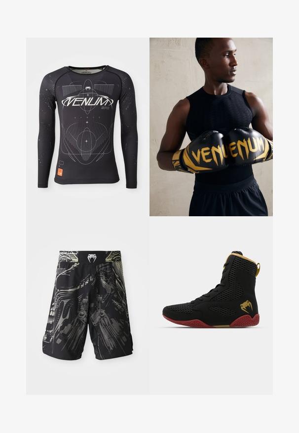 Långärmad svart sporttröja, strukturerad tyg, figursydd design, med vita grafiska mönster och orange logotag på fållen.; Svart shorts med en flerfärgad grafisk tryck som visar mekaniska mönster. Elastisk midja med en logotyp bak. Lättviktig tyg.; Höga sportskor i svart mesh och syntetmaterial, med texturerade detaljer, röd gummisula och gulddetaljer vid ankeln.; Svarta boxningshandskar med guldaccents och "VENUM"-logotyp. Atleten bär en ärmlös svart topp som visar upp en muskulös fysik.