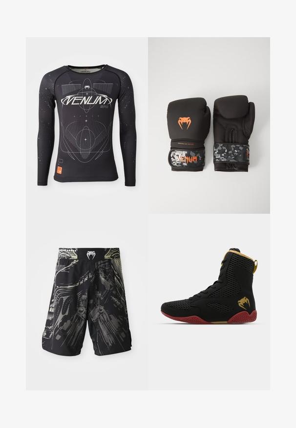 Langermet svart sportsskjorte, teksturert stoff, tettsittende design, med hvite grafiske mønstre og oransje logoetikett på kanten.; Svarte shorts med en multitonet grafisk utskrift som har mekaniske design. Elastisk liv, med logo på baksiden. Lett stoff.; Høy topp idrettssko med svart mesh og syntetisk materiale, teksturerte detaljer, rød gummisåle og gullfarge på ankelen.; Svarte boksinghansker med matt finish og ergonomisk design. Oransje logo-detaljer og håndleddsstropper med kamuflasjemønster.