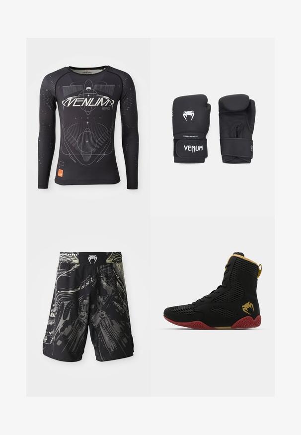 Čierna športová košeľa s dlhým rukávom, textúrovaná tkanina, priliehavý strih, s bielymi grafickými vzormi a oranžovou logom označením na leme.; Čierne šortky s mnohotónovou grafickou potlačou zobrazujúcou mechanické dizajny. Elastický pás s logom na zadnej strane. Ľahká tkanina.; Vysoké športové topánky s čiernou sieťovinou a syntetickým materiálom, textúrované akcenty, červená gumová podrážka a zlaté detaily na členku.; Čierne boxerské rukavice so hladkým povrchom, s bielym logom Venom a nastaviteľným strapom na suchý zips pre zabezpečené uchytenie.