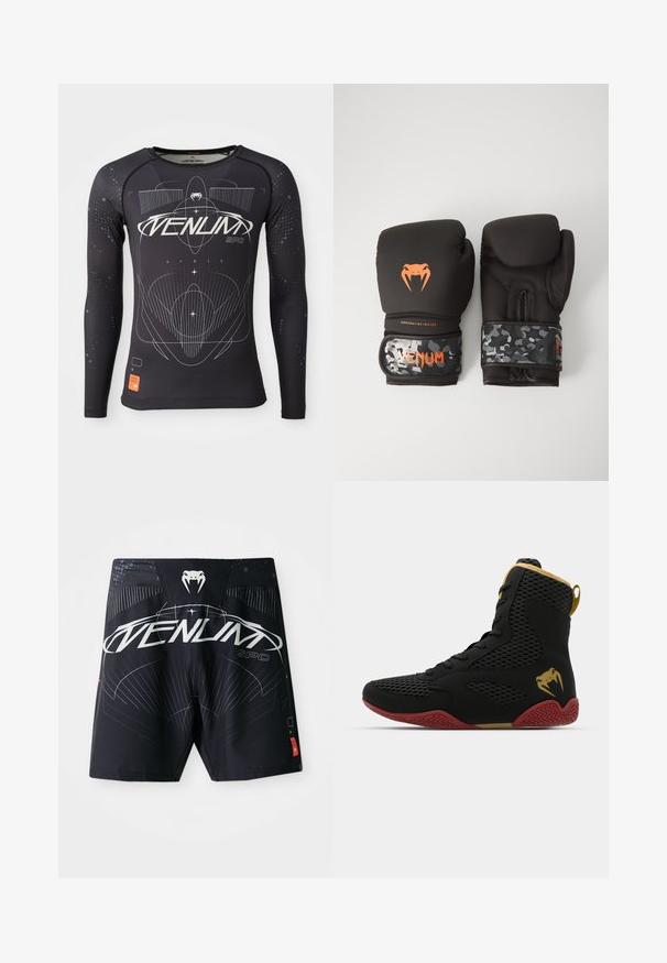 Pitkähihaine musta urheilupaita, tekstuurioloinen kangas, istuva malli, jossa on valkoisia graafisia kuvioita ja oranssi logo-tunnus helmassa.; Mustat uimapuvut, joissa on kiiltävä pinta, valkoisia ja vaaleansinisiä graafisia kuvioita, merkkilogo ja kontrastinen punainen tagi.; Korkokenkä urheilukenkä, jossa on mustaa verkkoa ja synteettistä materiaalia, teksturoituja yksityiskohtia, punainen kumipohja ja kultaiset yksityiskohdat nilkassa.; Mustat nyrkkeilyhanskat, joissa on mattapinta ja ergonominen muotoilu. Oranssit logot yksityiskohtina ja maastokuvioidut rannekkeen hihnat.