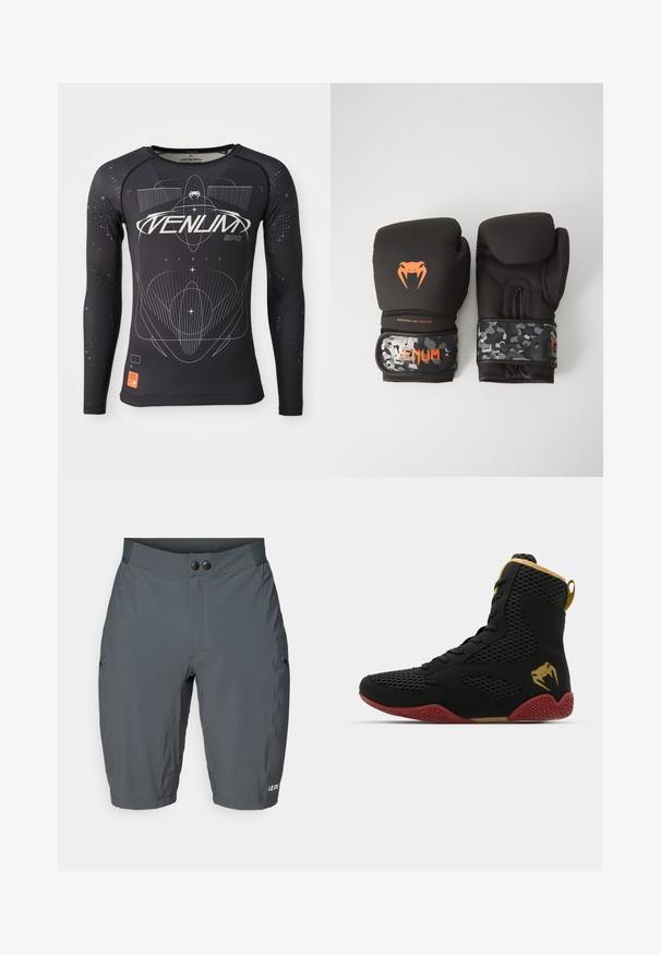 Garās piedurknes melna sporta krekls, teksturēts audums, pieguļošs dizains, ar baltām grafiskām pēdām un oranžu logotipa etiķeti apakšmalā.; Pelēki riteņbraukšanas īsie šorti ar gludu tekstūru, aprīkoti ar platām jostasvītnēm, divām pogām un sānu kabatām. "LE COL" logo baltā krāsā apakšmalā.; Augstas sporta kurpes ar melnu acu audumu un sintētiskajiem materiāliem, teksturētiem akcentiem, sarkanu gumijas zoli un zelta detaļām uz potītes.; Melni boksa cimdi ar matētu apdari un ergonomisku dizainu. Oranža logo detaļa un maskēšanās raksta plaukstas siksnas.