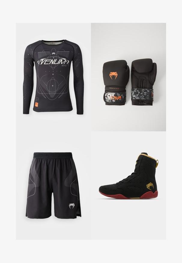 Cămașă sport neagră cu mânecă lungă, material texturat, design ajustat, cu modele grafice albe și etichetă logo portocalie pe margine.; Shorts atletici negri cu panouri laterale texturate, talie elastică și un logo de șarpe cu colți alb în partea stângă jos a piciorului.; Shoe sportiv înalt, realizat din plasă neagră și material sintetic, cu accente texturate, talpă din cauciuc roșu și detalii aurii la glezna.; Mănuși de box negre cu un finisaj mat și design ergonomic. Detalii cu logo portocaliu și curele pentru încheietură cu model de camuflaj.