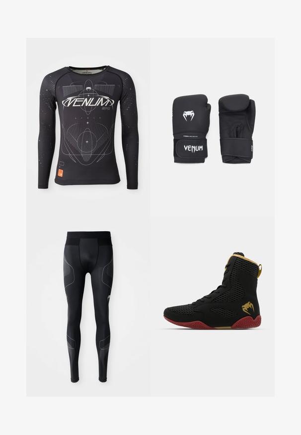 Cămașă sport neagră cu mânecă lungă, material texturat, design ajustat, cu modele grafice albe și etichetă logo portocalie pe margine.; Colanți sport negri, fabricați dintr-un material elastic, cu o talie lată, panouri din plasă și accente reflective pe laterale.; Shoe sportiv înalt, realizat din plasă neagră și material sintetic, cu accente texturate, talpă din cauciuc roșu și detalii aurii la glezna.; Mănuși de box negre cu o textură netedă, având un logo alb Venom și o curea ajustabilă cu velcro pentru o fixare sigură.