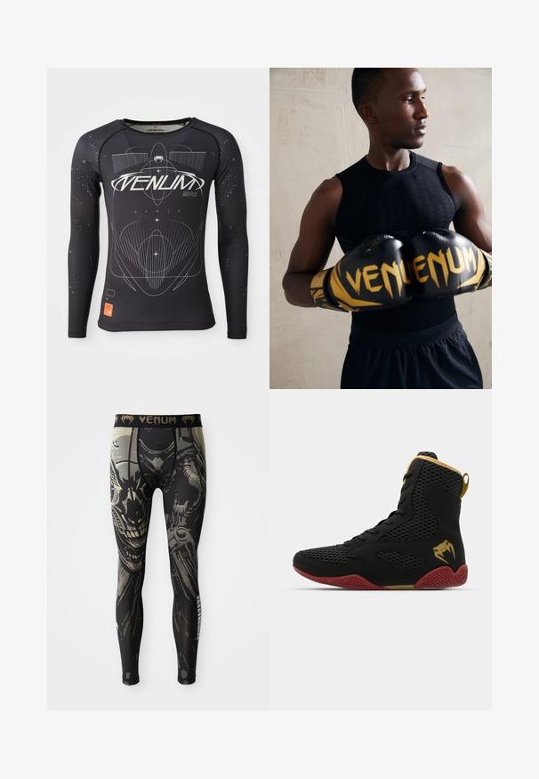 Langærmet sort sports T-shirt, tekstureret stof, tætsiddende design, med hvide grafiske mønstre og orange logo etikette på kanten.; Sorte og grå kompressionsleggings med et detaljeret design af et robot- eller cyborgansigt samt "VENUM" logoet på waistbandet.; Høj-top atletisk sko med sort mesh og syntetisk materiale, teksturerede accenter, rød gummisole og gulddetaljer ved anklen.; Sorte boksehandsker med guld accenter og "VENUM" branding. Atleten bærer en ærmeløs sort top, der fremhæver en muskuløs fysik.