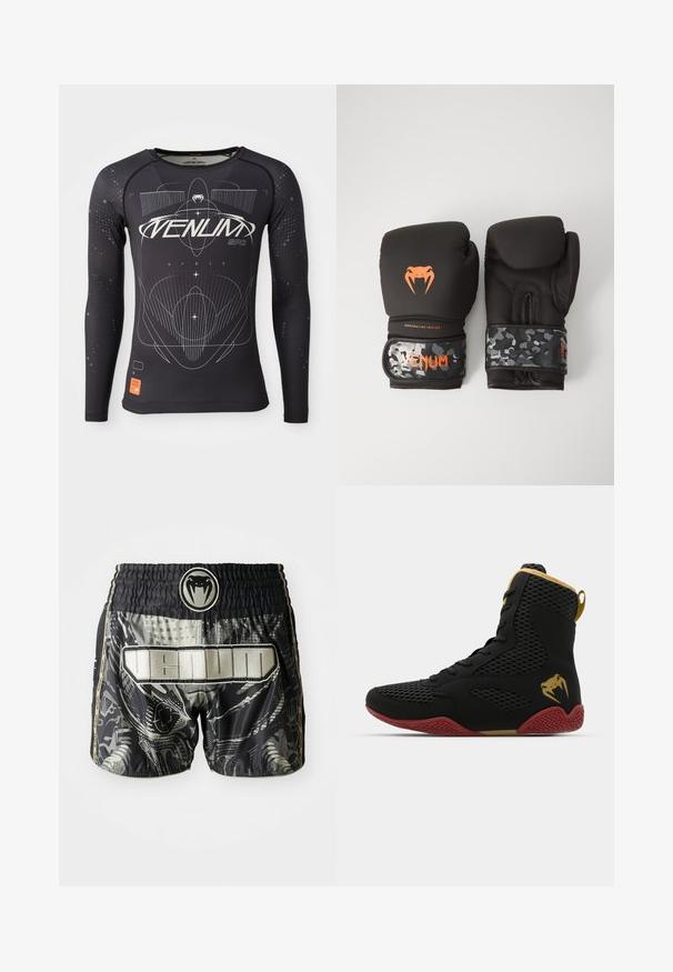 Ilga rankovė juoda sportinė marškinė, tekstūruota medžiaga, prigludęs dizainas, su baltais grafikos raštais ir oranžiniu logotipo ženklu ant apvado.; Juodos ir pilkos raštuotos šortai su elastinga juosta, su logotipu ir tekstu "VENUM" drąsiu, blizgiu paviršiumi.; Juodos tinklelio ir sintetinės medžiagos aukštakulniai sportiniai bateliai su tekstūruotomis detalėmis, raudonu guminio pado ir auksinėmis akcentais ant kulkšnies.; Juodi bokso pirštinės su matinio paviršiaus apdaila ir ergonomišku dizainu. Oranžinės logotipo detalės ir kamufliažo rašto riešo diržai.