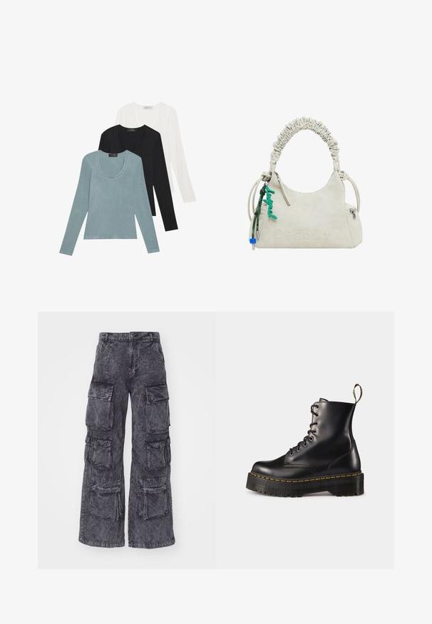 Tre långärmade tröjor i ljusblått, svart och vitt. Designen har en rund halsringning och en mjuk, lätt tygtextur.; Alpha Industries MULTIPOCKET PANT - Cargobyxor - black; Svarta läder snörade anklar med en kraftig svart sula och gul söm. Har en dragflik baktill och runda metallöglor.; Off-white konstläderhandväska med rynkad handtag, dragkedjefack och grön charm. Slät textur, diskret präglad logotyp och stilren design.