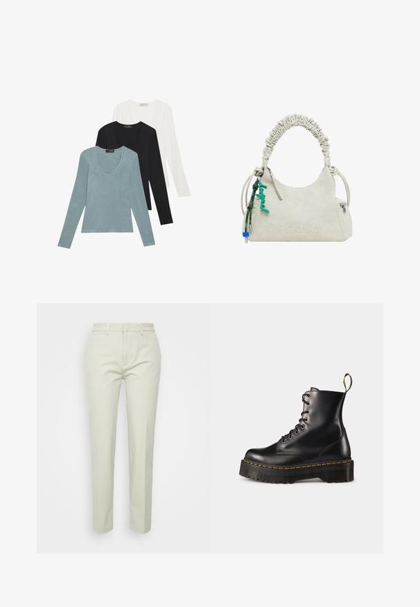 Trei bluze cu mânecă lungă, în nuanțe de albastru deschis, negru și alb. Designul prezintă un decolteu rotund și o textură de țesătură moale și ușoară.; Pantaloni drepți bej deschis din bumbac, cu față plată, chingi pentru curea și fără buzunare sau modele vizibile.; Botine din piele neagră, cu șireturi, până la gleznă, cu o talpă chunky neagră și cusături galbene. Dispune de o etichetă de tragere la spate și orificii metalice circulare.; Geantă din imitație de piele albă-crem cu mânere plisate, buzunar cu fermoar și un charm verde. Textură netedă, logo embosat discret și design elegant.