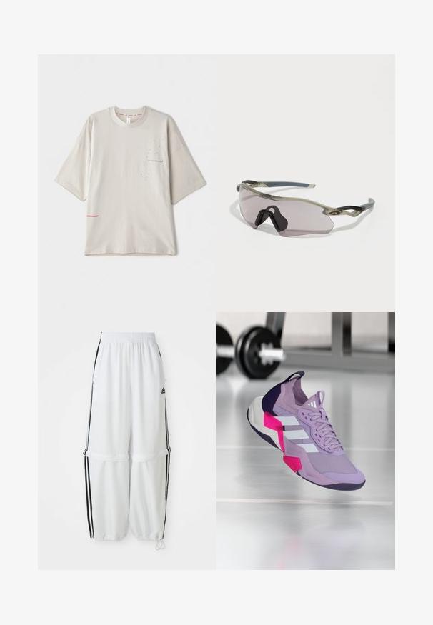 Svetlo siva majica s kratkimi rokavi, prevelika, z majhnim črnim tiskom na prsih in rdečim logotipom na robu. Mehka bombažna tkanina.; Bele športne hlače s sproščenim krojem, elastičnim pasom in črnimi stranskimi črtami. Imajo žepke na zadrgo in elastične manšete na gležnjih.; Vijolični športni čevelj z mrežasto zgornjim delom, belimi črtami, roza in črnimi akcenti, podloženim ovratnikom in teksturiranim podplatom, zasnovan za zmogljivost.; Sončna očala s prosojnim sivim okvirjem, toniranimi lečami in kotno obliko. Imajo značilno nosno oporo in teksturirane temne sive ročke.