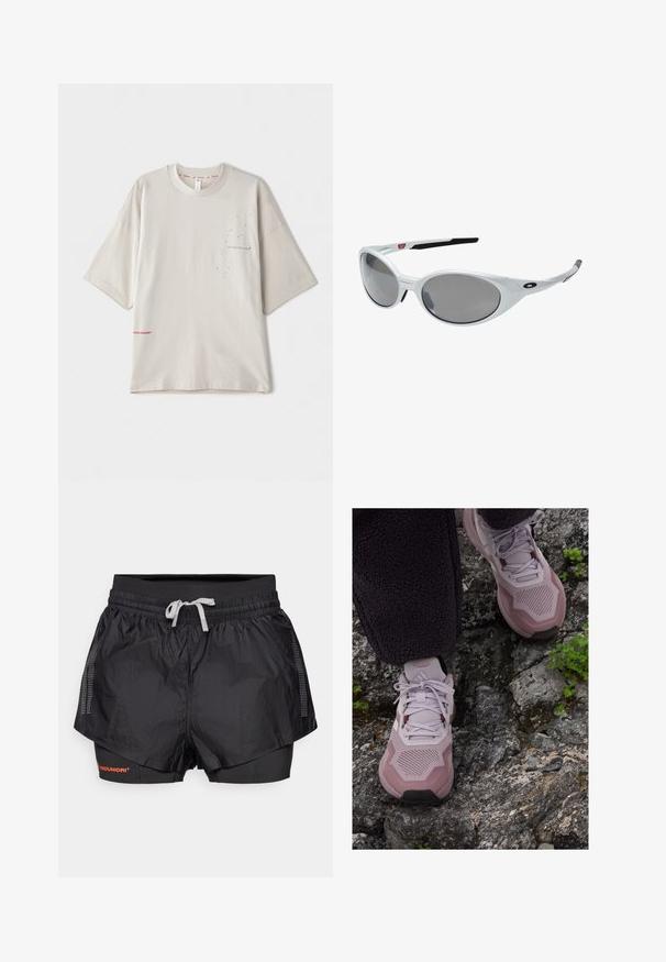 T-shirt oversize gris clair à manches courtes, avec un petit imprimé noir sur la poitrine et un logo rouge à l'ourlet. Matière en coton douce.; Shorts de sport noirs avec une couche extérieure texturée, des panneaux en mesh et une couche intérieure ajustée. Comprend une taille élastique avec un cordon de serrage.; Des chaussures de sport violet clair avec une tige en mesh texturé, un embout renforcé et une semelle en caoutchouc, posées sur un terrain rocheux avec des accents verts.; Lunettes de soleil en plastique blanc avec de grandes lentilles ovales, teintées en gris. Caractéristiques de plaquettes noires et d'un petit logo sur la monture. Fini lisse.