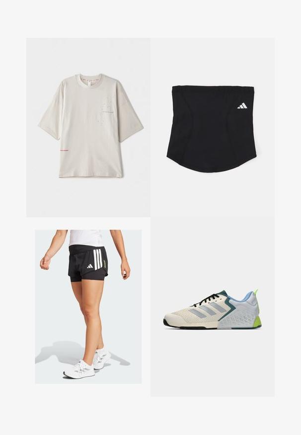 Camiseta oversized de color gris claro con mangas cortas, que presenta un pequeño estampado negro en el pecho y un logo rojo en el dobladillo. Material de algodón suave.; Pantalones cortos deportivos negros con un diseño en capas, que presentan franjas diagonales blancas y un logo verde "ADIZERO". Se llevan con zapatillas blancas.; Zapatillas deportivas ligeras con parte superior de malla color crema, franjas grises, un acento verde y un contador de talón texturizado en azul. Cordones negros.; Cinta atlética negra con una textura suave, forma curva y parte superior elástica. Presenta un pequeño logo blanco de Adidas en el costado.