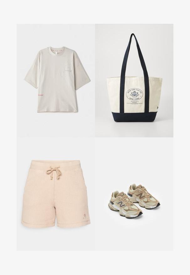 Hele hallikas suur T-särk lühikeste varrukatega, millel on rinnal väike must trükk ja hemil punane logo. Pehme puuvillane materjal.; Beež ribadega lühikesed püksid elastse vöökoha ja nööriga, külgedel õmblustähtedega, väikese logoga alumisel äärel.; Beežid spordijalatsid, mis on valmistatud võrgust ja nahast materjalidest. Omavad musta logo ja tekstuure aktsente. Paks valge vaheosa ja must kummist välistald.; Kangas kott, millel on tumesinised käepidemed ja põhjaosa. Kujundusel on ümmargune logo, millel on tekst "New Era Cap Co". Heegeldatud keha, tugev disain.