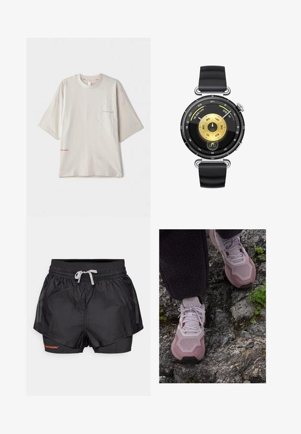 Hellgrau oversized T-Shirt mit kurzen Ärmeln, mit einem kleinen schwarzen Druck auf der Brust und einem roten Logo am Saum. Weiches Baumwollmaterial.; Schwarze Sportshorts mit einer strukturierten Außenschicht, Netzpaneelen und einer inneren, enganliegenden Schicht. Sie verfügen über einen elastischen Bund mit Kordelzug.; Helllila sportliche Schuhe mit einem strukturierten Mesh-Obermaterial, verstärkter Zehenkappe und Gummisohle, positioniert auf steinigem Terrain mit grünen Akzenten.; Schwarze Silikonarmbanduhr mit einem runden schwarzen und goldenen Zifferblatt, das ein zentrales Ziffernblatt und verschiedene Messanzeigen, einschließlich eines Fahrradsymbols, aufweist.