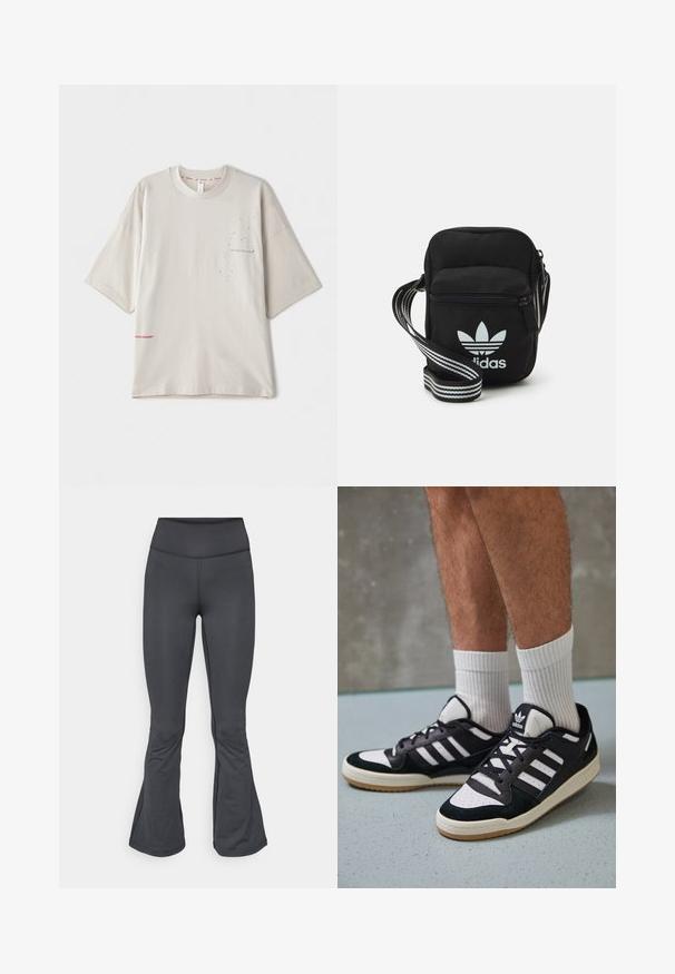 Lys grå oversized T-shirt med kortærmer, der har et lille sort print på brystet og et rødt logo i kanten. Blødt bomulds materiale.; Grå leggings med en flagrende bunddesign, lavet af glat, strækbart materiale, med høj talje og sømfri konstruktion.; Sorte og hvide sneakers med en overdel i ruskind og læder, der har tre hvide striber, en perforeret tå og en sål i gummigummi.; Sort stof crossbody tas med lynlås, der har et hvidt Adidas-logo og en stribet justerbar rem for nem bæring.