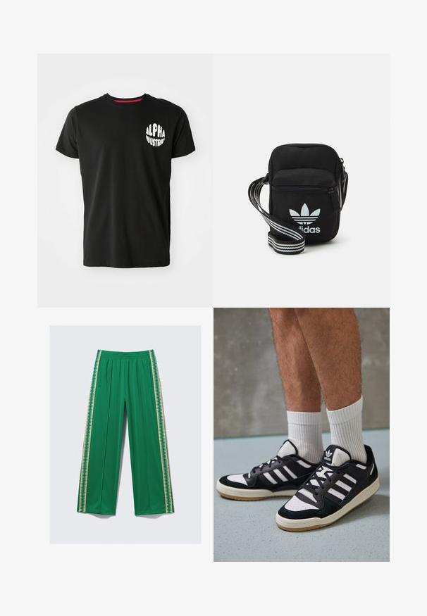 Melna kokvilnas T-krekls ar apaļu balto "ALPHA INDUSTRIES" logo kreisajā krūtī, īsām piedurknēm un apaļo kakla izgriezumu.; Zaļas sporta bikses ar gaiši brūnu zigzaga svītru katrā pusē, elastīga jostasvieta un sānu kabatas, izvietotas pretī gaismai.; Melnas un baltas kedas ar zamša un ādas augšdaļu, kas aprīkotas ar trim baltām svītrām, perforētu purngali un gumijas zolēm.; Melna auduma crossbody soma ar rāvējslēdzēja aizdari, kurai ir balts Adidas logo un svītrainas regulējamas siksnas ērtiem pārvietošanās veidiem.