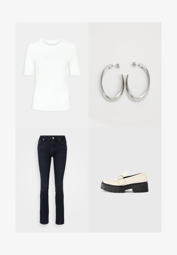 Valge lühikeste varrukatega T-särk, mis on valmistatud pehmest puuvillast. T-särgil on ümmargune kaelus ja keha lähedane siluett, ilma mustrite või nähtava riistvarata.; Tumedatest sinisest denimist sirged säärised teksad, millel on viis taskut, nööbid ja minimaalne õmbluse detail.; Valge nahast loafer, millel on massiivne must platvormi tald, neljakandiline hõbedane pandla ja nähtavalt õmblusdetail ülaserval.; Hõbe rõngas kõrvarõngad, millel on sujuv ja kõver kuju. Omab läikivat metallist viimistlust ja nupuga sulgemist. Pole nähtavaid mustreid ega aksessuaare.