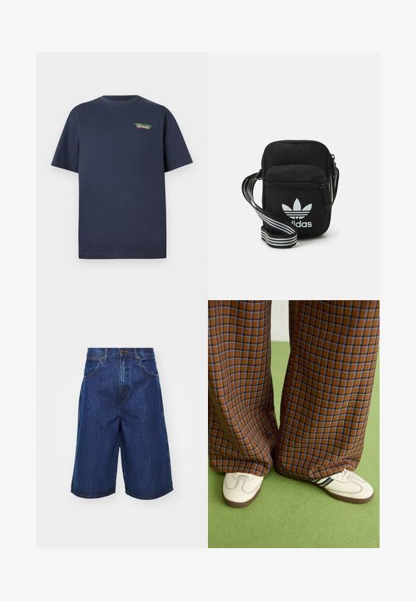 Mørkeblå kortermet bomulls T-skjorte med "London Fields Superstore" brodert i grønt og rødt på øvre venstre bryst.; Denimshorts i mørkeblå, med en komfortabel passform, store sidelommer og synlige sømdetaljer. Midjehøyde med knappeåpning.; Brune og blå rutete vide bukser sammen med hvite sko med svarte detaljer og teksturerte såler, satt mot en grønn bakgrunn.; Svart stoff crossbody veske med glidelås, med en hvit Adidas-logo og enstripet justerbar stropp for enkel bæring.