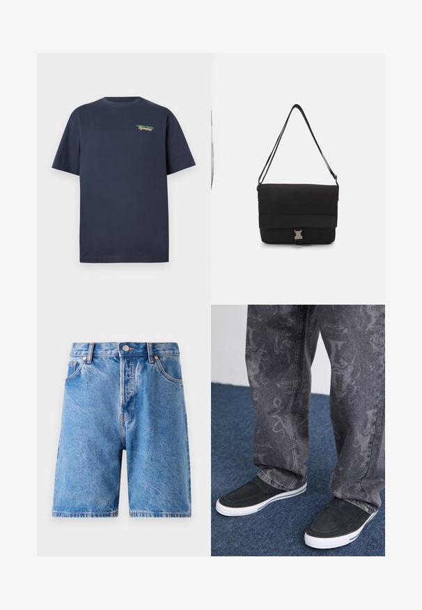 T-shirt en coton à manches courtes bleu marine avec "London Fields Superstore" brodé en vert et rouge sur le haut à gauche de la poitrine.; Shorts en denim bleu clair avec un effet délavé. Comprend un design classique à cinq poches, une fermeture à bouton et des rivets en ton cuivré.; Chaussures noires à enfiler avec semelle blanche, texturées, associées à un jean gris avec un motif subtil, sur un fond de tapis bleu.; Sac messager noir en matériau lisse, avec un rabat repliable, des fermoirs en métal argenté et une bandoulière réglable.