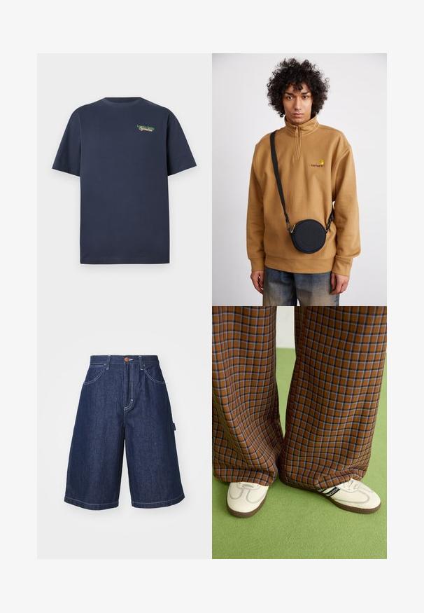 Navy blue short-sleeve cotton T-shirt with "London Fields Superstore" embroidered in green and red on the upper left chest.; Denim Bermuda shorts in dark blue, featuring a straight cut, side pockets, white stitching, and a front button closure.; Brown and blue plaid wide-leg trousers paired with white shoes featuring black accents and textured soles, set against a green background.; Brown quarter-zip fleece sweatshirt with embroidered logo, featuring a black round crossbody bag with a zipper and logo detail, worn over denim.