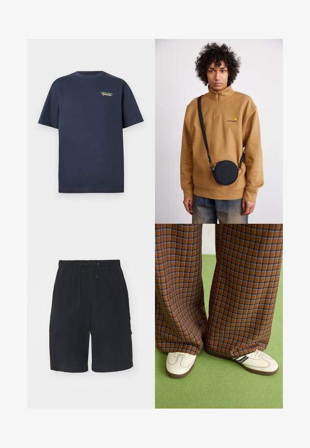 Marineblauwe katoenen T-shirt met korte mouwen, met "London Fields Superstore" geborduurd in groen en rood op de linker bovenborst.; Zwarte cargoshorts met een elastische tailleband, koord, zijzakken en contrasterende stiksels. Gemaakt van lichtgewicht stof.; Bruine en blauwe geruite wijde broek, gecombineerd met witte schoenen met zwarte accenten en een gestructureerde zool, gezet tegen een groene achtergrond.; Bruine fleece sweatshirt met kwart rits en geborduurd logo, met een zwarte ronde crossbody tas met rits en logo detail, gedragen over denim.