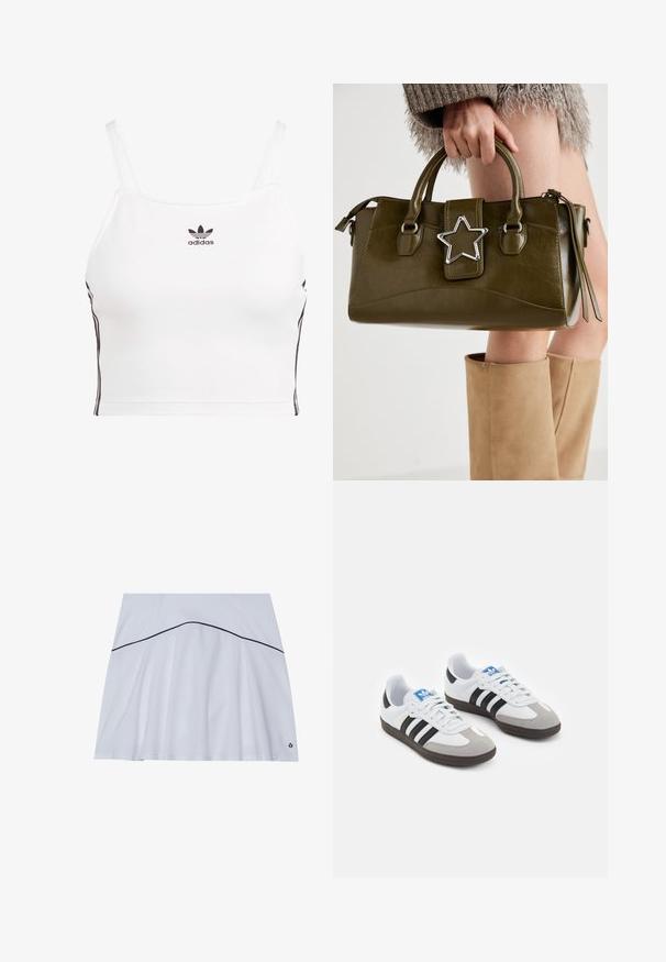 Bjela skraćena majica bez rukava s tankim naramenicama, crni Adidas logo na prsima i crne bočne pruge. Izrađena od rastezljivog, glatkog materijala.; Bijela sportska suknja s raširenim rubom, s mornarsko plavom akcentnom linijom oko struka i logotipom u donjem desnom kutu.; Sportske cipele s gornjištem od bijele kože, sivi suedinasti nos i tri crne pruge. Imaju plavi logo na jeziku i teksturiranu gumenu podlogu.; Maslinasto zelena torba od umjetne kože s srebrnim zvijezdastim detaljem, dvostrukim ručkama i zatvaranjem na munje. Teksturirana površina i strukturirani oblik.
