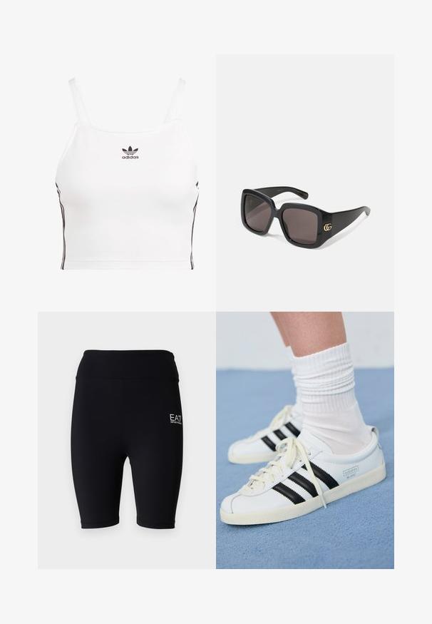 Balta trumpa tankų palaidinė su plonomis petnešėlėmis, juodas Adidas logotipas krūtinėje ir juodos šoninės juostelės. Pagaminta iš tamprių, lygaus audinio.; Juodos dviratininkų šortai iš tamprios medžiagos, su aukštu liemeniu ir išsiuvinėta logo apatiniame šone. Lygus paviršius, aptemptas dizainas.; Baltos odinės sportbačiai su juodomis juostelėmis, kreminiu padu ir šviesiomis raištelėmis. Dėvimi su baltais raukšlėtais kojinėmis, pastatyti ant mėlyno fono.; Juodos didelės saulės akiniai su tamsiais objektyvais, blizgus plastikinis rėmelis, suapvalintos kvadratinės formos, ir auksinis tarpusavyje susipynęs GG logotipas šone.