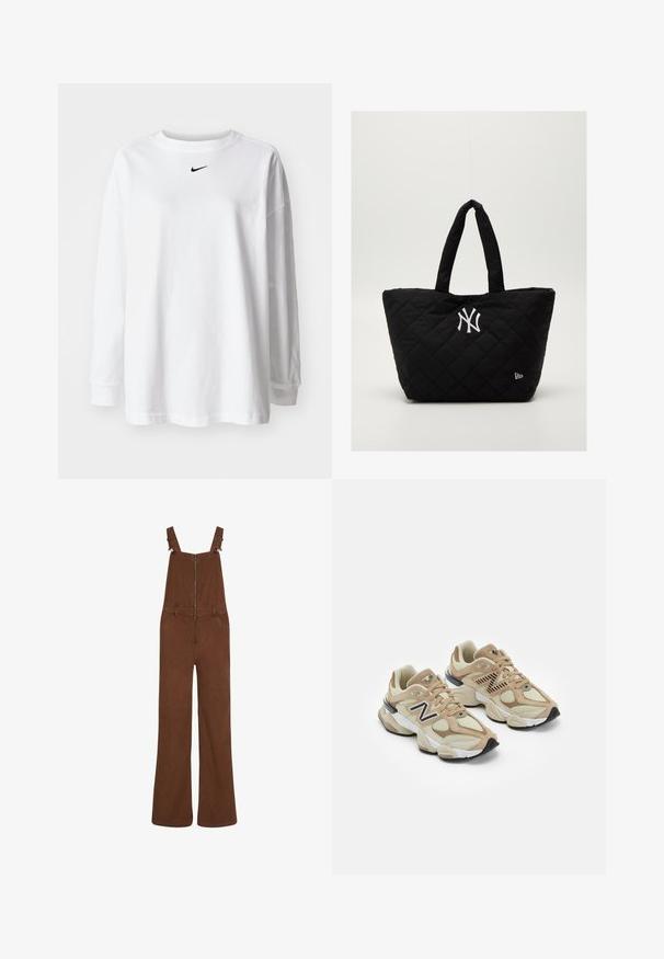 T-shirt blanc à manches longues en coton, avec un col rond et un petit logo Nike noir sur la poitrine. Design simple, coupe décontractée.; Salopettes en velours côtelé marron à jambes larges avec fermeture éclair à l'avant et bretelles réglables, dotées de poches avant et passants de ceinture.; Baskets beiges en maille et daim. Présentent un logo noir et des accents texturés. Semelle intermédiaire blanche épaisse et semelle extérieure en caoutchouc noir.; Sac fourre-tout noir matelassé avec doubles poignées, présentant un logo blanc des New York Yankees et un petit emblème de la marque sur le côté.