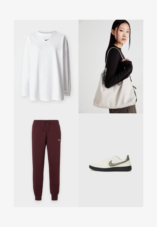 T-shirt bianco a maniche lunghe realizzato in cotone, con scollo tondo e un piccolo logo Nike nero sul petto. Design semplice, vestibilità rilassata.; Pantaloni della tuta color bordeaux con vita elastica e cordino. Presentano polsini a costine e un piccolo logo Nike bianco sulla coscia sinistra. Texture liscia.; Nike Sportswear FIELD GENERAL - Sneakers basse - off-white/black; Borsa a mano beige realizzata in materiale morbido, caratterizzata da un design morbido, dettagli cuciti e due manici. Adatta per l'uso quotidiano.