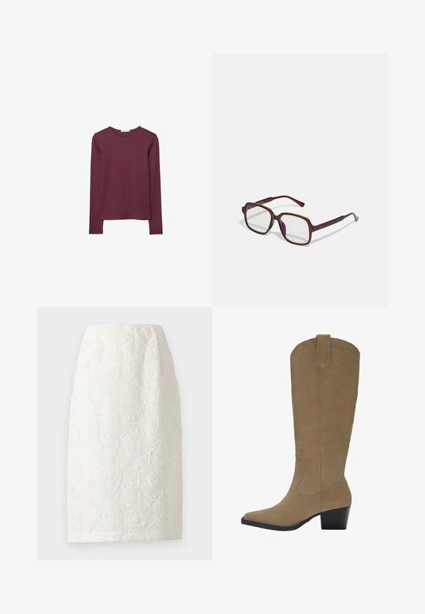 Dolgimi rokavi majica v burgundski barvi, narejena iz mehke tkanine. Ima okroglo izrez in ravno krojenje s nekoliko daljšim zadnjim robom.; Krilo do kolen v beli barvi z teksturiranim cvetličnim vzorcem, ki vključuje dvignjene cvetove vrtnic in subtilen sijaj. Preprost, raven silhuet.; Biege suknje do kolen iz nubuk kože z ostrim nosom, nabranim peto in šivanim detajlom ob straneh. Gladka tekstura in strukturiran dizajn.; Rjave, pravokotne očala z prosojnimi lečami in vijoličnimi odtenki. Gladek plastičen okvir z ravnimi steblami in subtilnimi detajli.; Bordo usnjeni ročni torbici s zaobljeno obliko, verižnim in usnjenim trakom, s pregibnimi detajli in z zip zapiranjem na strani.; Trislojni ogrlica, ki vključuje zlate verige, srebrno nit z biseri in osrednji detajl vozla. Ima prilagodljivo zaponko.