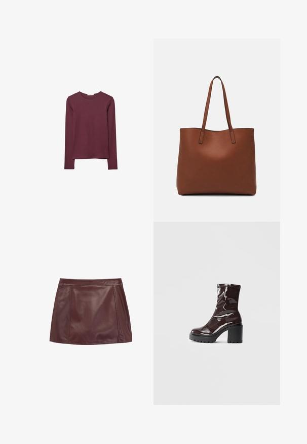 Langarmtop in bordeauxrood, gemaakt van zachte stof. Heeft een ronde halslijn en een rechte snit met een iets langere achterkant.; Bordeaux leren minirok met een soepele textuur, voorzien van een aansluitende tailleband en zijpanelen voor een gestructureerd ontwerp.; Glanzende bordeauxrode enkelboot met een chunky zwarte hak, met een gladde textuur en een eenvoudig ontwerp. Geen zichtbare sluitingen of patronen.; Bruine leren tote bag met een gladde textuur, een ontwerp met een open bovenkant en twee schouderbanden. Kenmerkt zich door minimale stiksels en geen zichtbare hardware.