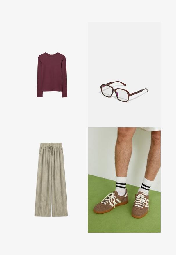 Maglietta a maniche lunghe di colore bordeaux, realizzata in un tessuto morbido. Presenta un collo rotondo e un taglio dritto con un orlo posteriore leggermente più lungo.; Pantaloni ampi grigi chiari con vita elastica, cordino e tasche laterali. Il tessuto testurizzato presenta sottili strisce verticali.; Sneaker in suede marrone con dettagli e lacci bianchi. Suola in gomma color gomma. Indossati con calzini bianchi con righe nere. Pavimento verde texturizzato.; Occhiali rettangolari marroni con lenti trasparenti e tonalità viola. Montatura in plastica liscia con stanghette dritte e accenti sottili.