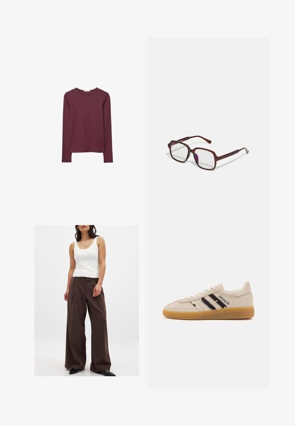 Maglietta a maniche lunghe di colore bordeaux, realizzata in un tessuto morbido. Presenta un collo rotondo e un taglio dritto con un orlo posteriore leggermente più lungo.; Pantaloni a palazzo marroni con una texture liscia, dotati di vita alta e piega pressata; abbinati a una canotta bianca. Scarpe nere a punta.; Sneaker in suede beige con strisce nere e testo "Spezial", dotata di suola in gomma texturizzata e design classico con lacci.; Occhiali rettangolari marroni con lenti trasparenti e tonalità viola. Montatura in plastica liscia con stanghette dritte e accenti sottili.; Borsa in pelle bordeaux con forma rotonda, catena e tracolla in pelle, caratterizzata da dettagli plissettati e chiusura con zip di lato.; Collana a tre strati con catene dorate, una serie di perle argentate e un dettaglio centrale a nodo. Include una chiusura regolabile.