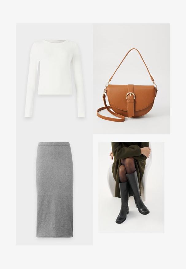 Valkoinen pitkähihaisten ribbitoppi, jossa on pyöreä kaula-aukko. Sujuva rakenne, tiukka muotoilu eikä näkyviä kuvioita tai yksityiskohtia. Yksinkertainen ja minimalistinen tyyli.; Harmaa, polvipituinen hame, joka on valmistettu pehmeästä ja joustavasta kankaasta. Siinä on yksinkertainen, vartalonmyötäinen muotoilu, jossa on joustava vyötärö ja sileä pinta.; Polvisuoja mustat nahastossud, millel on ruudukujuline varvas ja plokk-kints, on esitatud mudeli seljas, kes istub oliivrohelises mantlis. Sile tekstuur, minimaalne detailitus.; Ruskean nahkainen olkalaukku, jossa on kaareva muoto, kultaiset yksityiskohdat ja solkiyksityiskohta. Varustettu irrotettavalla olkahihnalla.