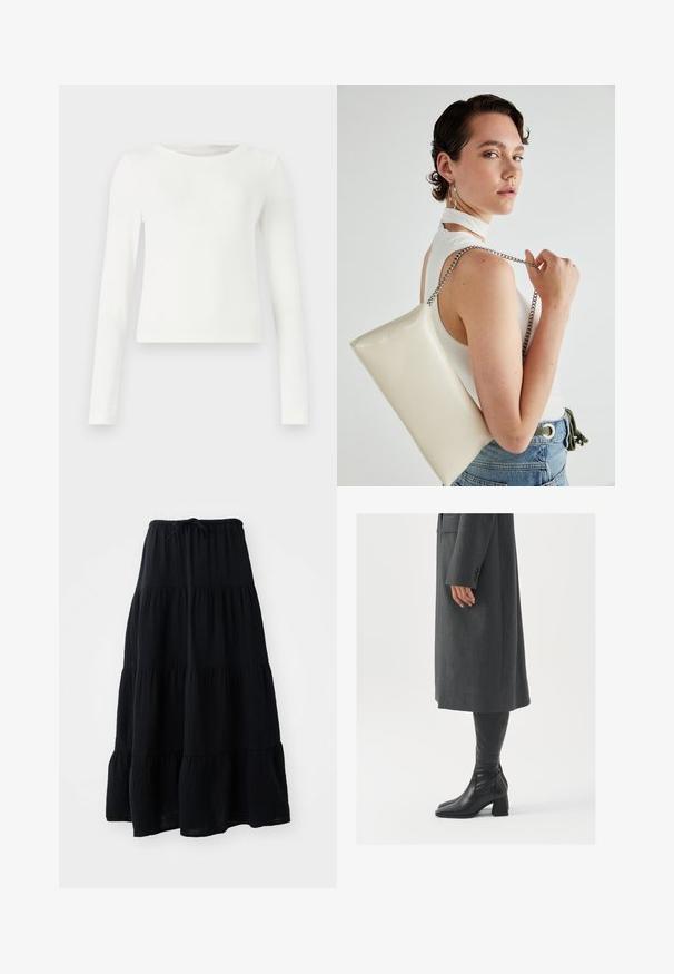 Bijela dugosleeve rebrasta majica s kružnim izrezom. Glatka tekstura, uski kroj i bez vidljivih uzoraka ili akcenta. Jednostavan i minimalistički stil.; Crna višeslojna suknja od lagane tkanine, s elastičnim pojasom i vezicom, te lepršavim, teksturiranim dizajnom.; Sivi, krojeni kaput ravnog kroja; uparen s crnim kožnim čizmama do koljena koje imaju četvrtasti vrh i debeli potplat.; Bijela pravokutna torbica s kopčanjem, izrađena od sjajnog materijala, s srebrnim lančićem. Model pozira, prikazujući torbicu na jednostavnoj pozadini.