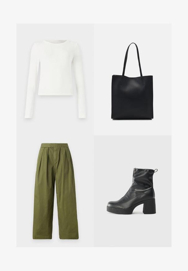 Haut à manches longues blanc en rib stop avec un col ras du cou. Texture lisse, design ajusté et sans motifs ni accents visibles. Style simple et minimaliste.; Pantalons larges en vert olive en tissu léger, avec des plis à la taille et une texture uniforme sans poches.; Bottes noires à la cheville en cuir lisse, dotées d'une fermeture éclair sur le côté, d'un talon épais texturé et d'une conception à bout rond.; Sac fourre-tout en cuir noir avec une texture lisse, de forme rectangulaire et deux longues poignées. Pas de matériel ou d'ornementations visibles.