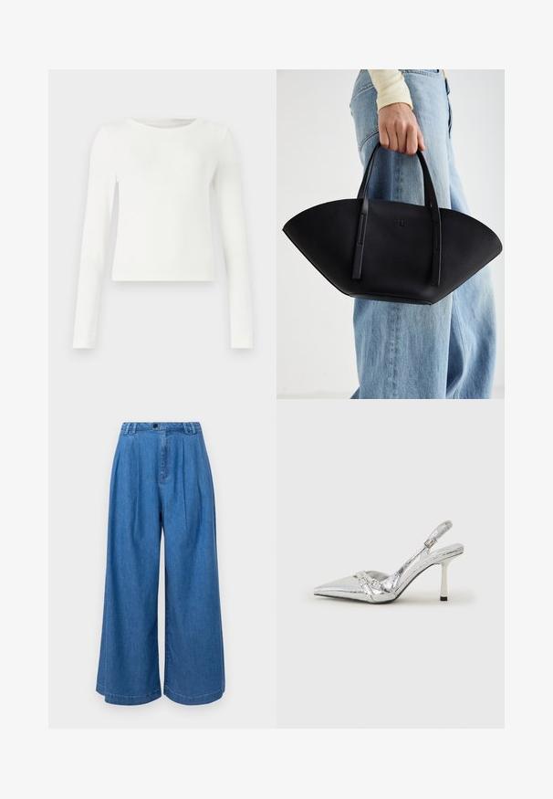 Valkoinen pitkähihaisten ribbitoppi, jossa on pyöreä kaula-aukko. Sujuva rakenne, tiukka muotoilu eikä näkyviä kuvioita tai yksityiskohtia. Yksinkertainen ja minimalistinen tyyli.; GAP GAP X DÔEN WIDE LEG JEAN - Leveälahkeiset - medium indigo; Hopeakylkinen korkokenkä, jossa on terävä kärki, metallinhohtoinen viimeistely, kaksi koristeellista nauhaa ja hoikka korko mustalla kärjellä.; Musta nahkainen käsilaukku, jossa on ainutlaatuinen tuulihattukuvio, jossa on litteät kahvat. Pinnassa on karkeapintainen rakenne ja minimalistinen muotoilu.