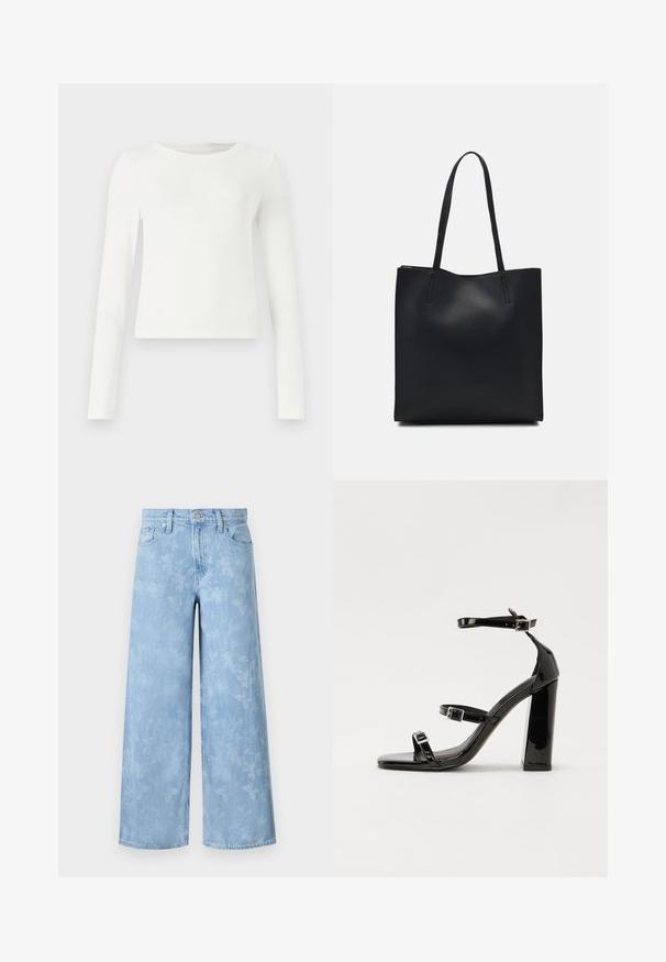 White long-sleeve ribbed top with a crew neck. Smooth texture, fitted design, and no visible patterns or accents. Simple and minimalist style.; Light blue wide-leg jeans, featuring a faded floral pattern, five pockets, and a button closure at the waist. Denim fabric with slight texture.; Black patent heeled sandals with a square toe, ankle straps, and silver buckles. Features a chunky block heel for stability.; Black leather tote bag with smooth texture, rectangular shape, and two long handles. No visible hardware or embellishments.