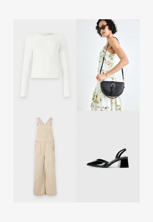 White long-sleeve ribbed top with a crew neck. Smooth texture, fitted design, and no visible patterns or accents. Simple and minimalist style.; Beige striped overalls with wide legs, featuring adjustable straps, metal buttons, front pockets, and a chest pocket.; Black patent leather slingback heels with a pointed toe and a geometric block heel. Features a sleek, minimal design and smooth texture.; Black leather handbag with a curved shape, detachable strap, and gold hardware. The bag features a flap with a buckle detail.