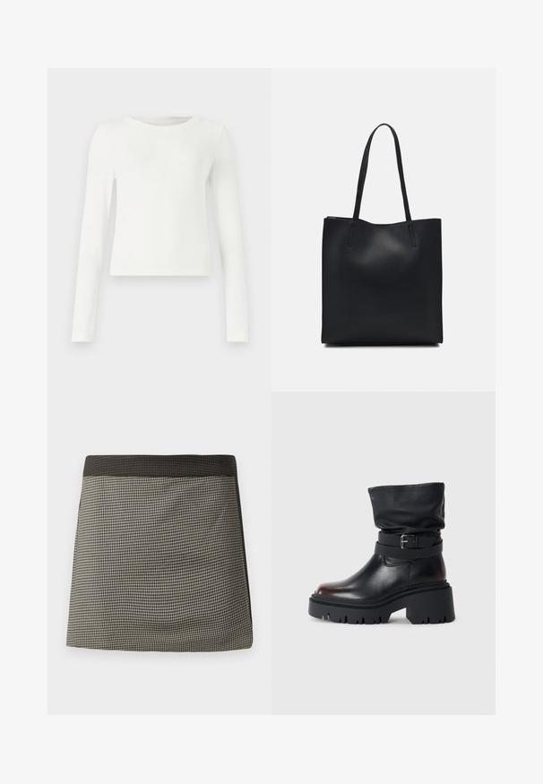 Fehér, hosszú ujjú, bordázott felső kerek nyakkal. Simább textúra, illeszkedő fazon, látható minták vagy díszítések nélkül. Egyszerű és minimalista stílus.; Fekete és krémszínű kockás szoknya egyszínű fekete derékkal. Egyenes szabású, sima textúrájú és egységes minta jellemzi.; Fekete bőr bokacsizma laza felső résszel, csattal díszítve és vastag, strapabíró talppal. Kerek orrú és sima textúrájú.; Fekete bőrtáska sima felszínnel, téglalap alakú, két hosszú füllel. Nincs látható fémkiegészítő vagy díszítés.