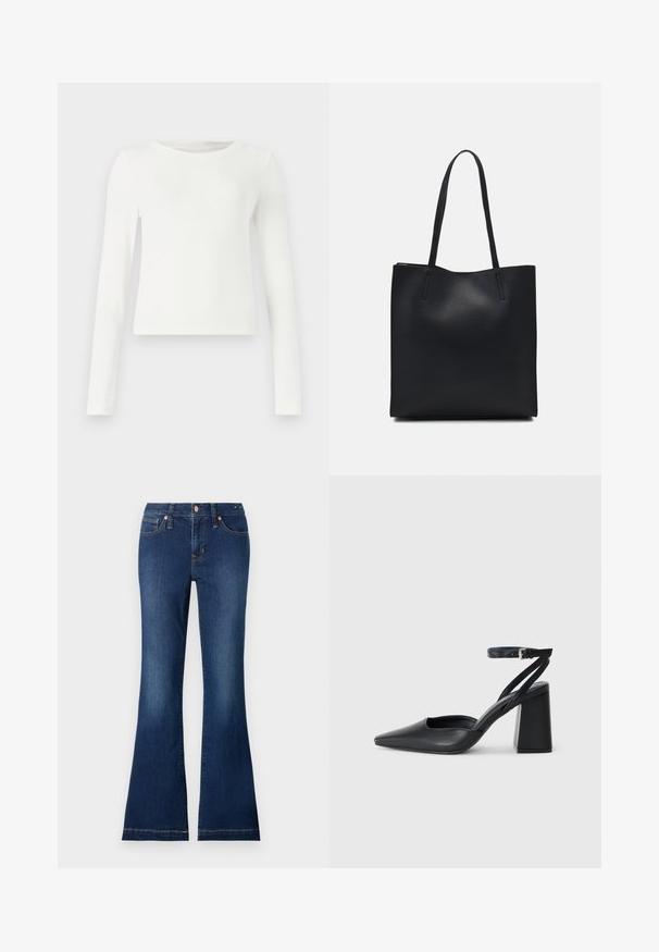 White long-sleeve ribbed top with a crew neck. Smooth texture, fitted design, and no visible patterns or accents. Simple and minimalist style.; Flared denim jeans in dark blue, featuring front pockets, metal buttons, and subtle stitching details. Cotton fabric with a smooth texture.; Black leather pointy-toe pump with an ankle strap and a chunky heel. Flat texture, sleek design, and minimalistic aesthetics.; Black leather tote bag with smooth texture, rectangular shape, and two long handles. No visible hardware or embellishments.