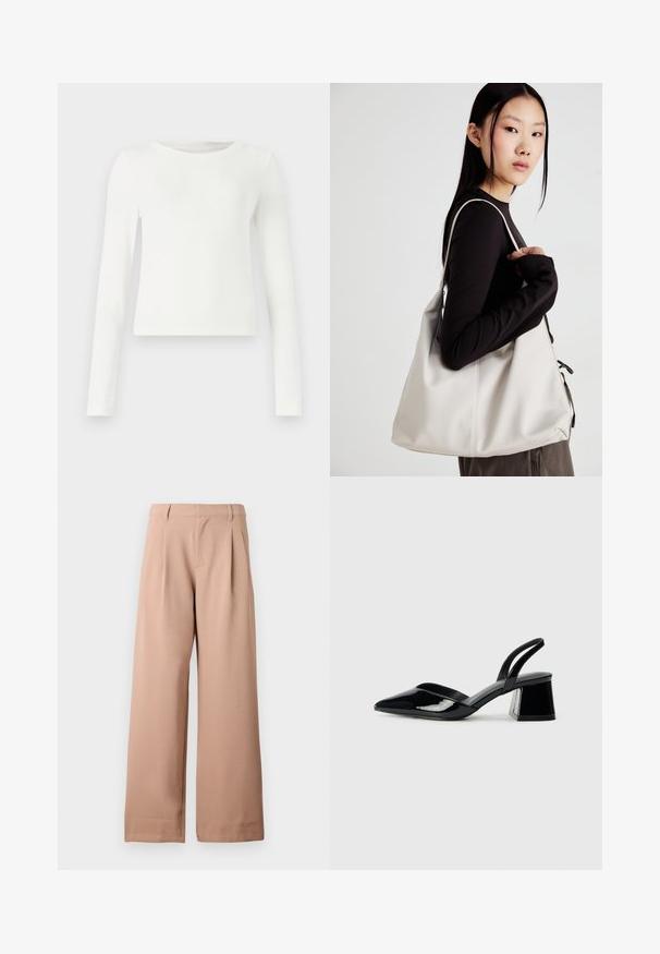 White long-sleeve ribbed top with a crew neck. Smooth texture, fitted design, and no visible patterns or accents. Simple and minimalist style.; Beige wide-leg pants with belt loops, pleats at the waist, and a flat front, displayed against a plain white background.; Black patent leather slingback heels with a pointed toe and a geometric block heel. Features a sleek, minimal design and smooth texture.; Beige handbag made of soft material, featuring a slouchy design, stitched detailing, and two shoulder straps. Suitable for everyday use.