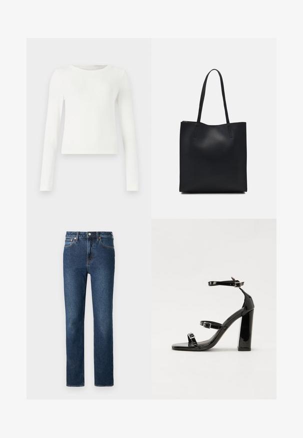 Haut à manches longues blanc en rib stop avec un col ras du cou. Texture lisse, design ajusté et sans motifs ni accents visibles. Style simple et minimaliste.; Jean en denim bleu foncé avec une coupe droite, comportant une fermeture à boutons et à zip, et des coutures orange.; Sandales à talons vernies noires avec un bout carré, des sangles autour de la cheville et des boucles en argent. Dotées d'un talon bloc épais pour plus de stabilité.; Sac fourre-tout en cuir noir avec une texture lisse, de forme rectangulaire et deux longues poignées. Pas de matériel ou d'ornementations visibles.
