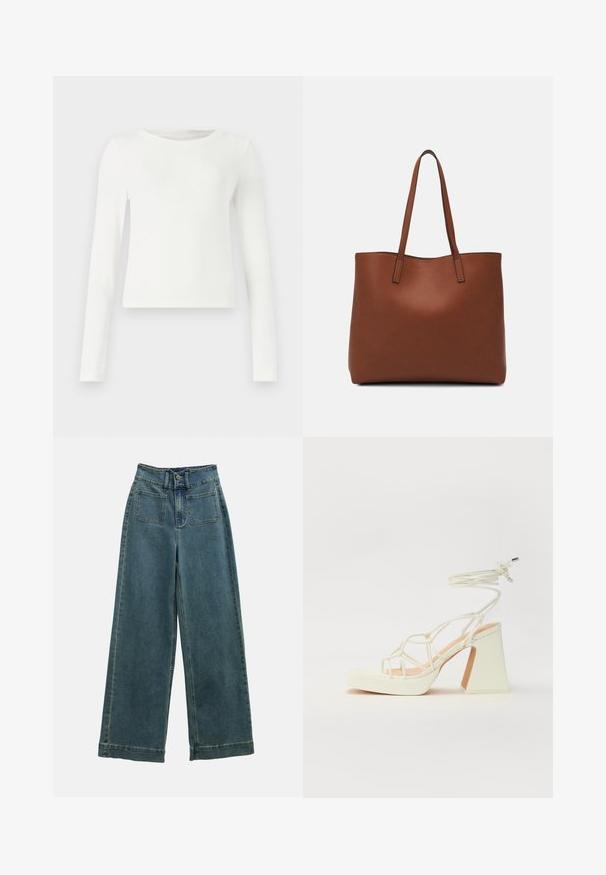 Vit långärmad ribbad topp med rund hals. Slät textur, figurnära design och inga synliga mönster eller detaljer. Enkel och minimalistisk stil.; Breda denimbyxor i blekt blått med hög midja, två framfickor och klassisk knappstängning. Tyget har en mjuk och slät textur.; Vit högklackad sandal med en kraftig klack, med ett remdesign och ankelband. Slät textur med en plattform framtill för ökad höjd.; Brun läder tote-väska med en slät textur, öppen toppdesign och två axelremmar. Har minimal söm och ingen synlig metalldetalj.