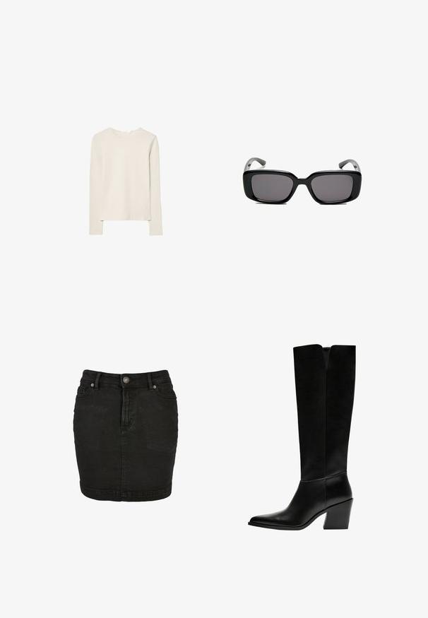 Vaaleanbeige pitkähihaisen puseron pehmeä kangas, pyöreä kaula-aukko, rento istuvuus, suora helma ja minimaalista ompeluyksityiskohtaa.; Musta farkkuskirtti suoran leikkauksen, viiden taskun muotoilun, etupainikkeen sulkemisen ja hillityn haalistumisen kanssa tekstuurin ilmeen aikaansaamiseksi.; Mustat polvimittaiset saappaat, jotka on valmistettu sileästä nahasta. Saappaissa on terävä kärki, tukevat korko ja V-muotoinen leikkaus ylhäällä.; Mustat suorakulmaiset aurinkolasit tummilla linsseillä, sileä muovikehys ja kaarevat templet. Suunnittelu on jykevä ja minimalistinen.