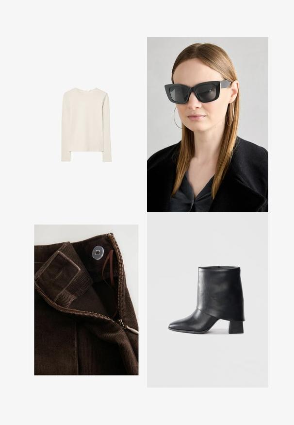 Light beige long-sleeve top made of soft fabric, featuring a round neck and a relaxed fit with straight hem and minimal stitching detail.; Brown corduroy fabric with a smooth texture, featuring a zipper, button closure, and an interior tab for secure fastening.; Black leather ankle boot with a pointed toe, smooth texture, and a structured block heel. Features a high, folded cuff design.; Black cat-eye sunglasses with dark lenses, thick frames, and subtle accents. Worn with a black coat and gray top, featuring long straight hair.