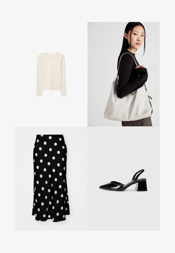 Svetlo béžový top s dlhým rukávom z mäkkej tkaniny, s okrúhlym výstrihom a voľným strihom, rovný lem a s minimálnymi detailmi šitia.; YAS YASPELLA MIDI - sukňa v tvare A - black/white; Čierne lakované kožené sandálové podpätky s špicatou špičkou a geometrickým blokovým podpätkom. Disponujú elegantným, minimalistickým dizajnom a hladkým povrchom.; Béžová kabelka vyrobená z mäkkého materiálu, s uvoľneným dizajnom, prišitými detailmi a dvoma popruhmi na nosenie na pleciach. Vhodná na každodenné nosenie.