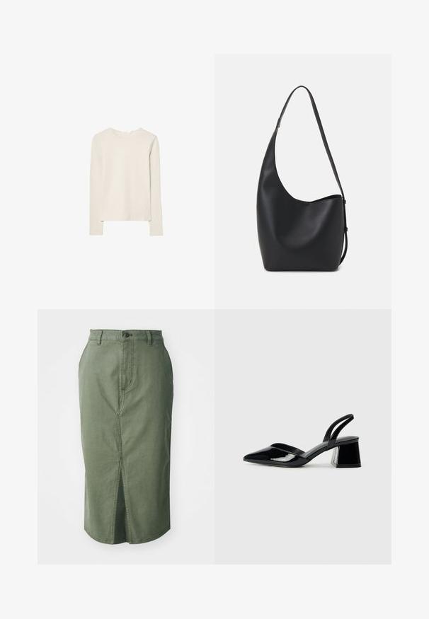 Maglietta a maniche lunghe beige chiaro in tessuto morbido, con scollo rotondo e vestibilità comoda, orlo dritto e dettagli di cucitura minimi.; Gonna in denim verde oliva con taglio a lunghezza media, spacco frontale, vita tradizionale con chiusura a bottone e dettagli cuciti lungo le cuciture.; Décolleté in vernice nera con punta affusolata e tacco in geometria cubica. Presentano un design elegante e minimalista, con una texture liscia.; Borsa hobo nera in pelle con una superficie liscia, forma curvata e una singola tracolla regolabile; presenta un'ampia apertura nella parte superiore.